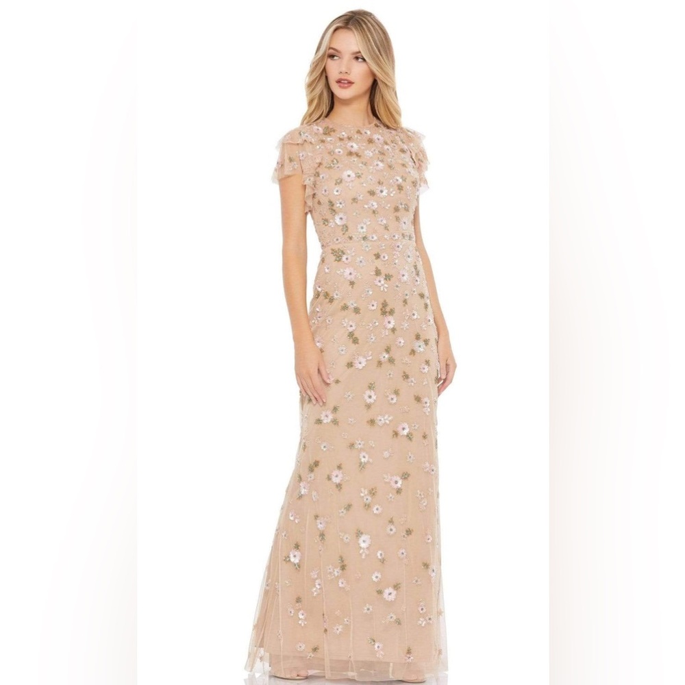Mac Duggal Floral Embroidered Maxi Dress in Tan